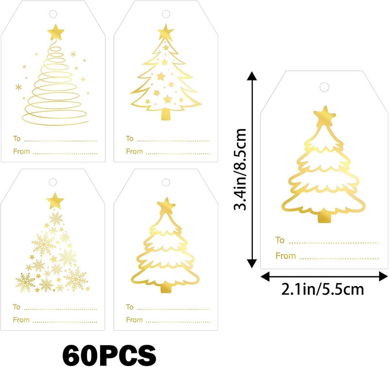 g2plus 60Pcs Gold Christmas Gift Tags - 4 Styles Christmas Name Tags, Xmas Tree Holiday Paper Gift Tags with String for DIY Crafts, Party Favors, Gift Exchange, Stocking Stuffers - Image 2